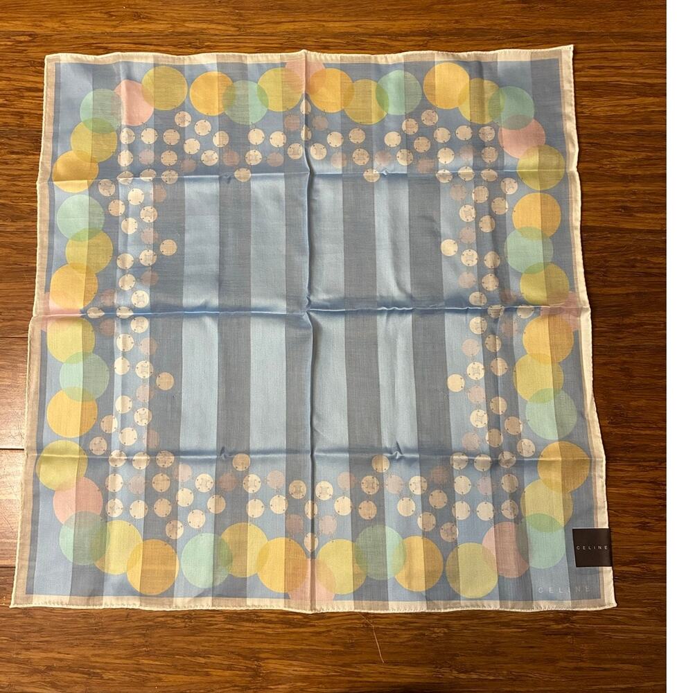 Celine Paris Cotton Handkerchief Scarf Blue Striped Pastel Circles 20” Square - Picture 1 of 6
